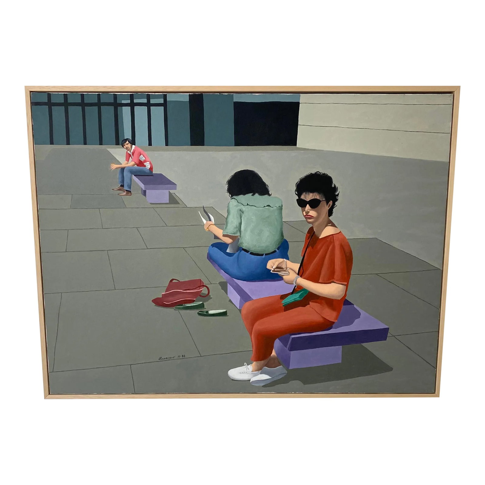 Vintage Photorealist Oil Painting on Canvas by Bisaccio: Vintage photorealist oil painting on canvas of people sitting on purple benches. Wonderful muted colors. Signed by the artists "Bisaccio 10/88". New natural wood frame. 2 complimentary paintings