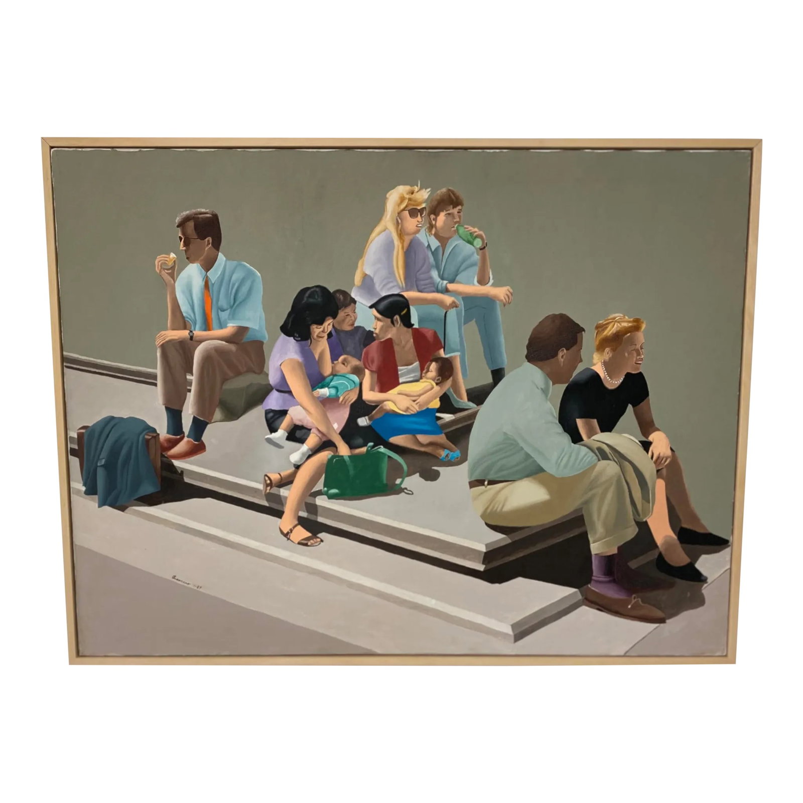 Vintage Photorealist Oil Painting on Canvas by Bisaccio: Vintage photorealist oil painting on canvas of people sitting on a bench. Wonderful muted colors. Signed and dated by artist "Bisaccio 1 - 89". New natural wood frame. 2 complimentary paintings