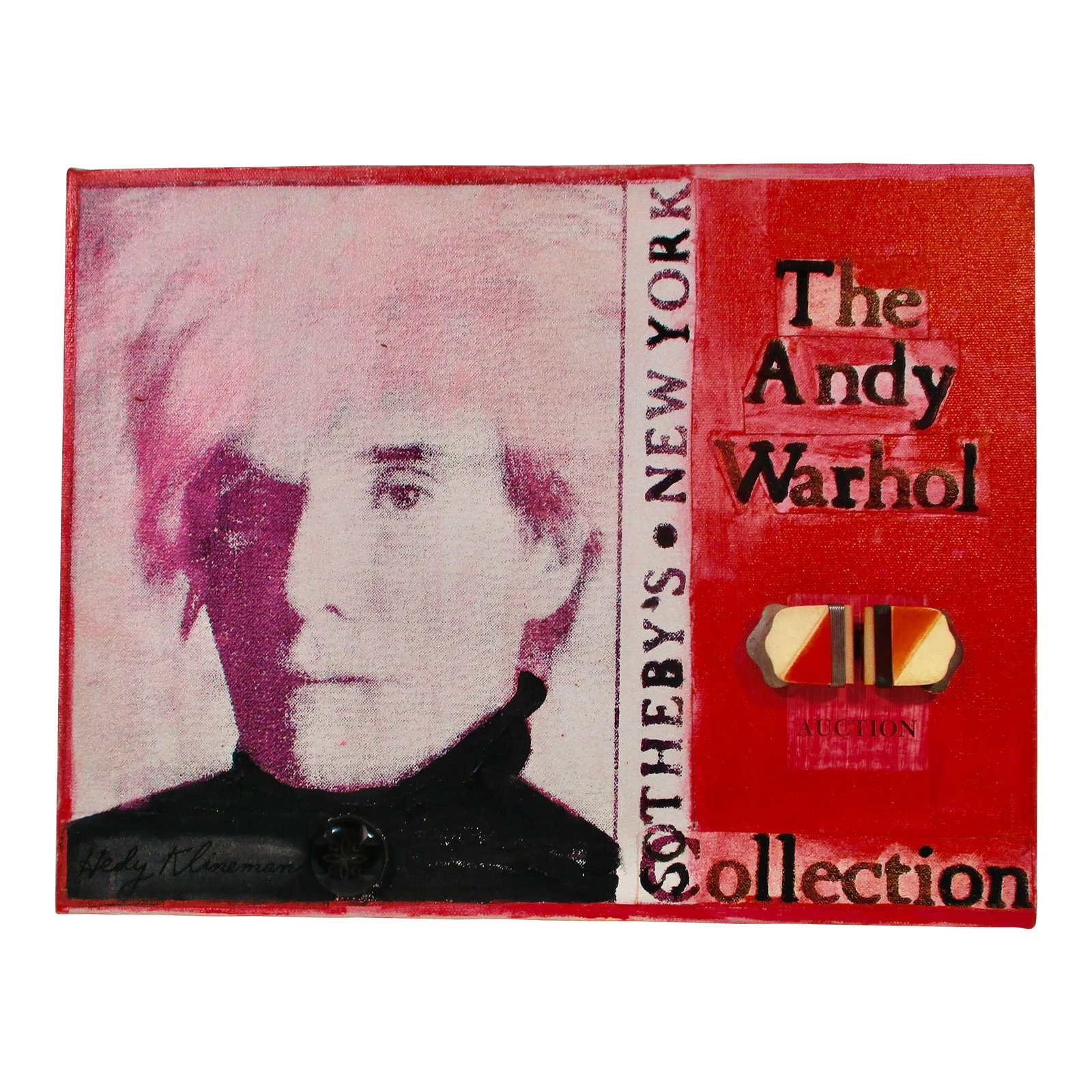 Fashion Portrait Andy Warhol Series by Hedy Klineman 1989: Painting and collage elements on stretched canvas by Hedy Klineman. Andy Warhol Auction Series, 9/89. Serigraphy images of Andy and various costume jewelry pieces are attached to the surface. Colored