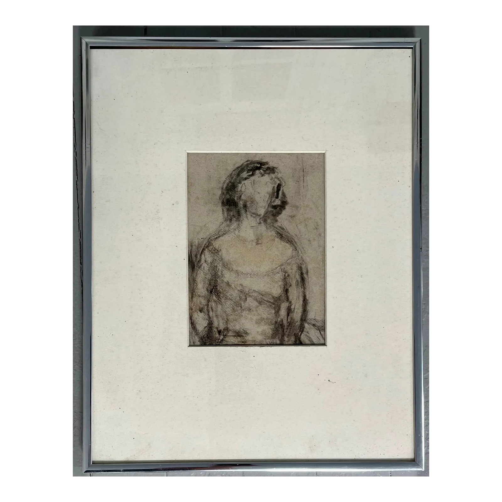 Mid-Century Modern Charcoal Drawing Portrait of a Woman: Mid-Century Modern charcoal drawing portrait of a woman. Framed under glass. Measures 18 1/2 tall x 14 1/2 wide. Unsigned. Good condition - wear to mat. Presents well. Condition: Alterations: Original