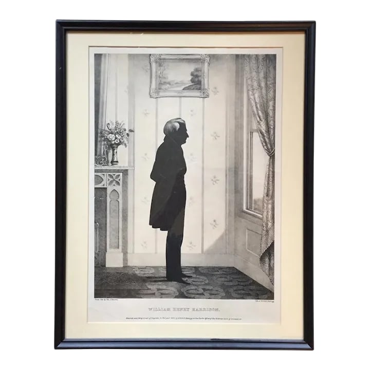 William Brown Kellogg Framed Silhouette Print of Us President William Henry Harrison: Framed print depicting a silhouette of President William Henry Harrison. Nice black frame. Measures 17.75" x 14" framed. Toning/fading consistent with age. Text on print reads: William Henry Harrison