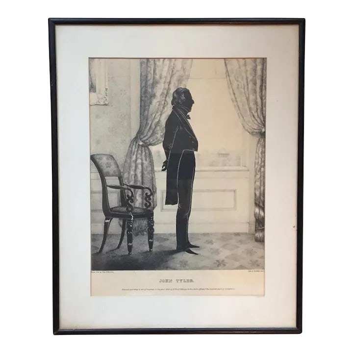 William Brown Kellogg Framed Silhouette Print of Us President John Tyler: Framed print depicting a silhouette of President John Tyler. Nice black frame. Measures 17.5" x 14" framed. Toning/fading consistent with age. Text on print reads: John Tyler From Life by Wm. H.