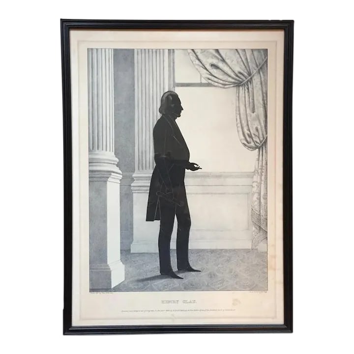 William Brown Kellogg Framed Silhouette Print of Us Senator Henry Clay: Framed print depicting a silhouette of US Senator Henry Clay. Nice black frame. Measures 17.25" x 12.75" framed. Toning/fading consistent with age. Text on print reads: Henry Clay From Life by Wm. H.