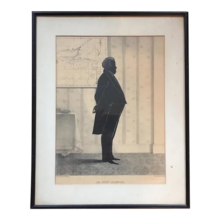 William Brown Kellogg Framed Silhouette Print of De Witt Clinton u.s. Senator & Governor of New York: Framed print depicting a silhouette of De Witt Clinton. Nice black frame. Measures 17.5" x 14" framed. Toning/fading consistent with age. Text on print reads: De Witt Clinton From Life by Wm. H.