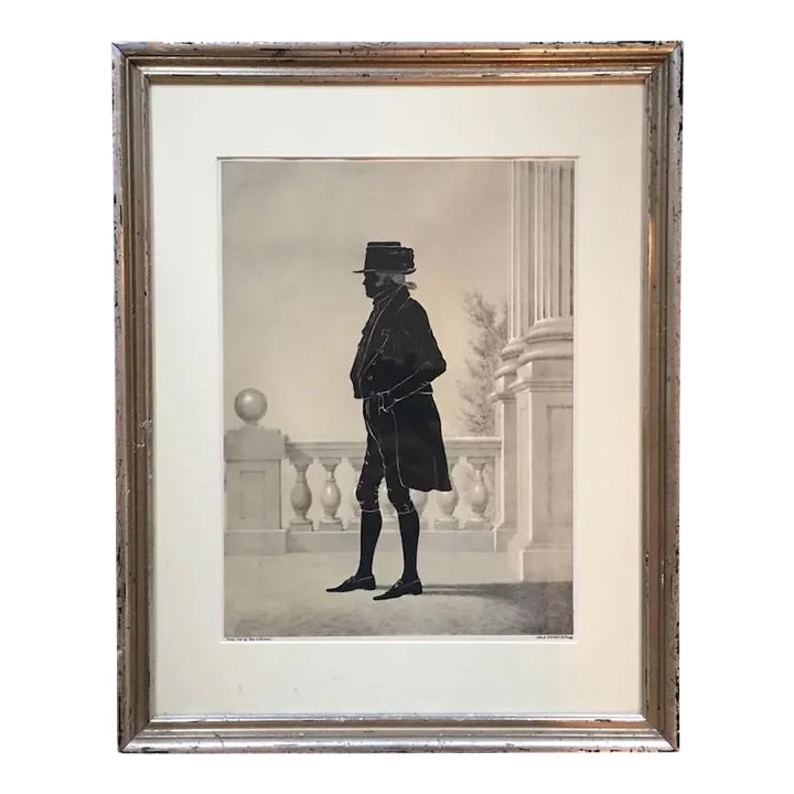William Brown Kellogg Framed Silhouette Print of Us Supreme Court Justice John Marshall in Silver Gi: Framed print depicting a silhouette of US Supreme Court Justice John Marshall. Nice silver gilt frame. Measures 19.5" x 15.5" framed. Toning/fading consistent with age. Text on print reads: From Life