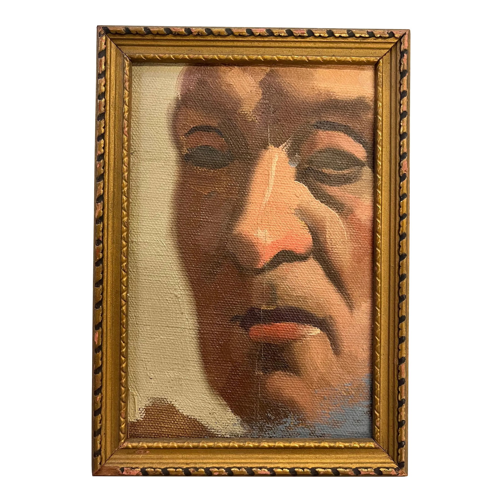 1950s Portrait Oil Painting of a Gentleman by Louis Ferretti, Framed: Louis Ferretti (American 1926 - 2012) small scale oil painting on canvas = Portrait of a Gentleman - in gilt wood frame. Measures 6 5/8" x 4 3/4" framed. Condition: Alterations: Original Condition Una