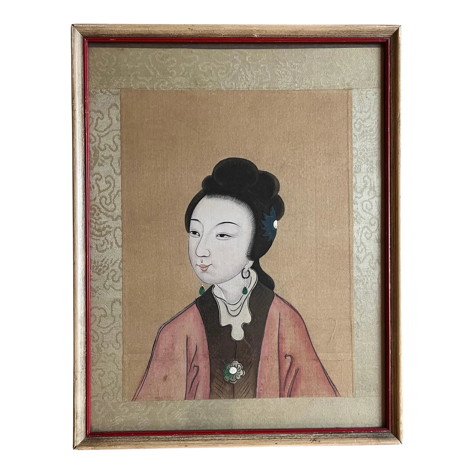 Antique 19th Century Chinese Painting on Silk Portrait of a Lady: Antique 19th century Chinese painting on silk, portrait of a lady. Paint pigments on silk square laid on silk panel backing surround. Framed under glass. Measures 13" x 10.25 framed. Good condition. C