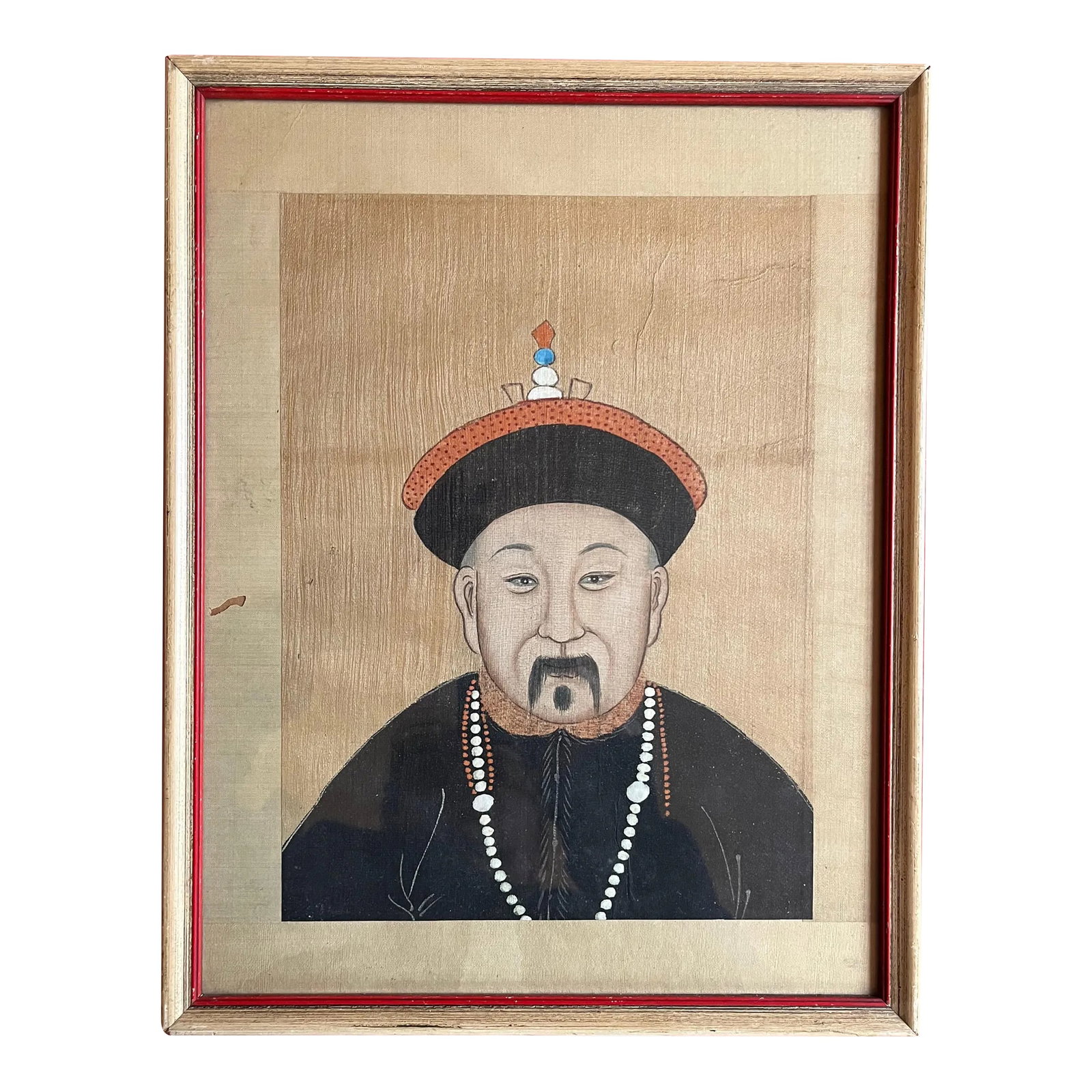 Antique 19th Century Chinese Painting on Silk Portrait of a Gentleman: Antique 19th century Chinese painting on silk, portrait of a gentleman. Paint pigments on silk square laid on silk panel backing surround. Framed under glass. Measures 13" x 10.25 framed. Good conditi