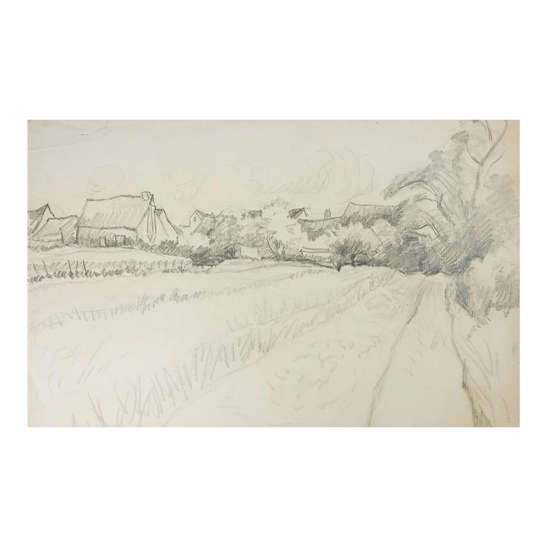 Vintage Rustic Pastoral Farm Landscape Pencil Study Drawing: Vintage pencil on paper study of rustic farm landscape drawing by George Baer (American 1895-1971). Unframed. Age toning, edge tears. From the estate of the artist. Condition: Alterations: Original