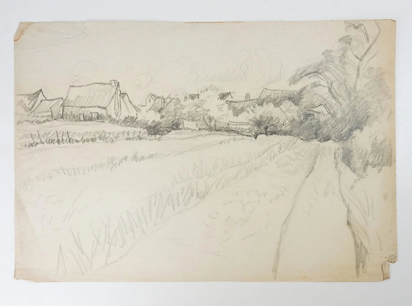 Vintage Rustic Pastoral Farm Landscape Pencil Study Drawing - 2