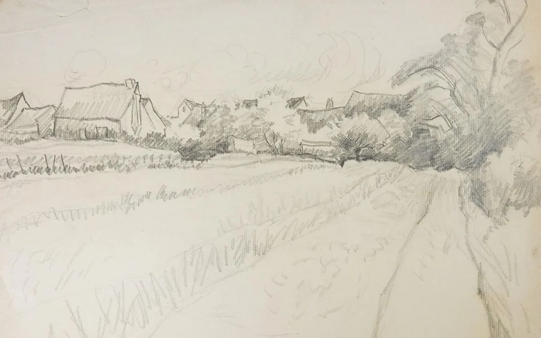 Vintage Rustic Pastoral Farm Landscape Pencil Study Drawing - 3