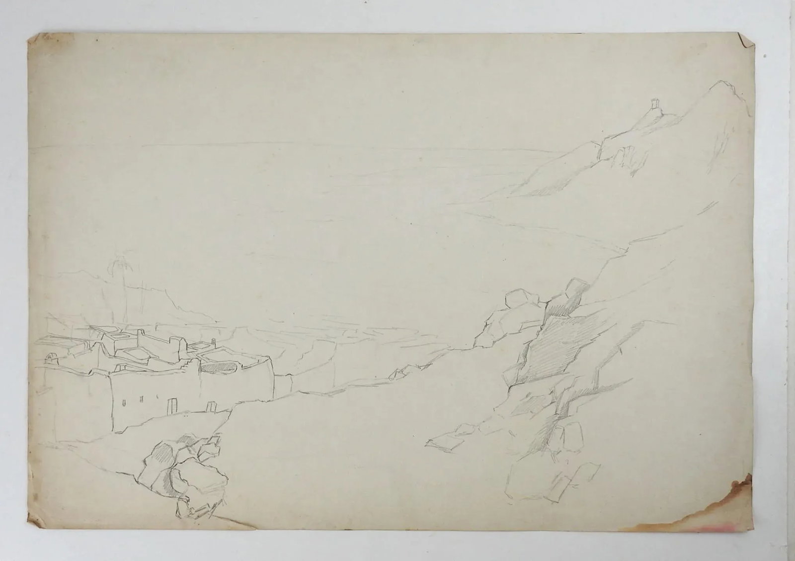 Vintage George Baer Mediterranean Village Pencil Study Drawing - 2