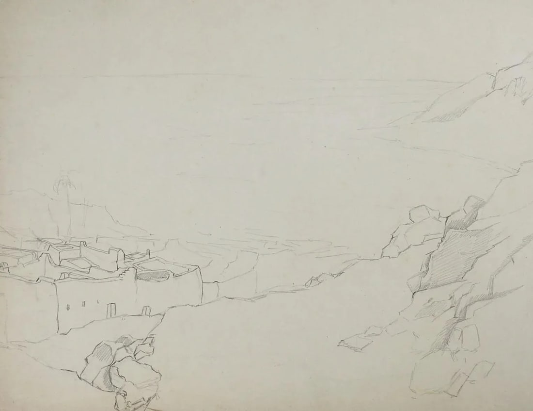 Vintage George Baer Mediterranean Village Pencil Study Drawing - 3