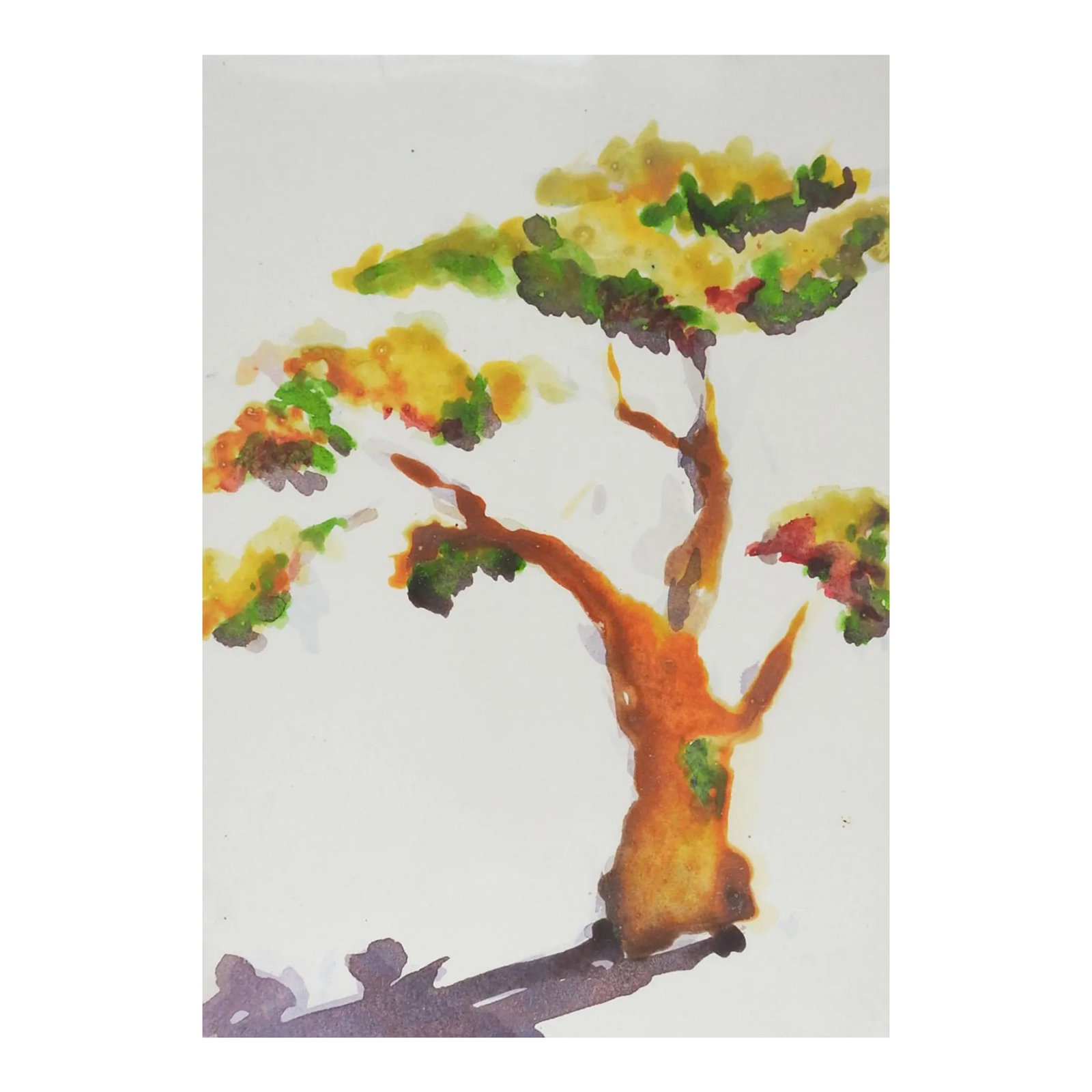Small Vintage 1988 Lone Tree & Shadow Watercolor Painting: Small vintage 1988 watercolor on paper painting of a tree and shadow. Dated with initials DA on verso. Unframed. Condition: Alterations: Original Condition Unaltered Imperfections: Some Imperfections