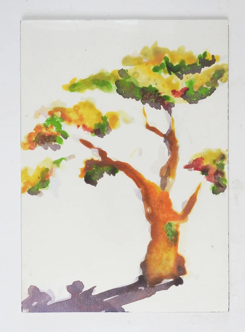 Small Vintage 1988 Lone Tree & Shadow Watercolor Painting - 2