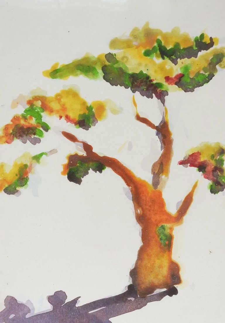 Small Vintage 1988 Lone Tree & Shadow Watercolor Painting - 3