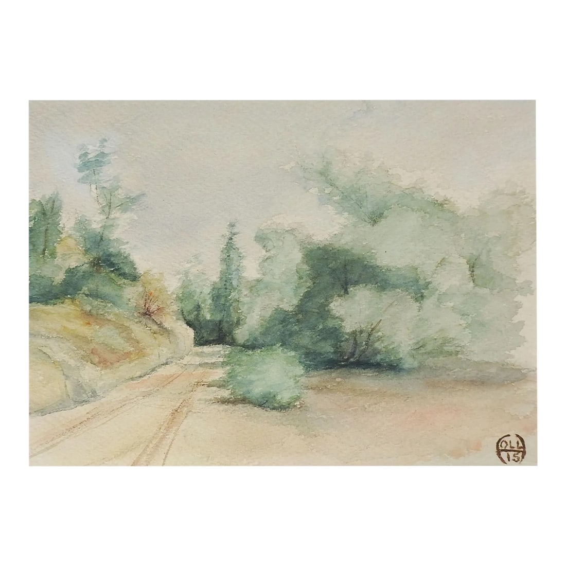 Small Antique 1915 Country Road Landscape Watercolor Painting: Small antique watercolor on paper painting. Impressionist tree lined country road landscape. Signed with initials and dated 1915 lower right corner. Unframed, age toning. Condition: Alterations: