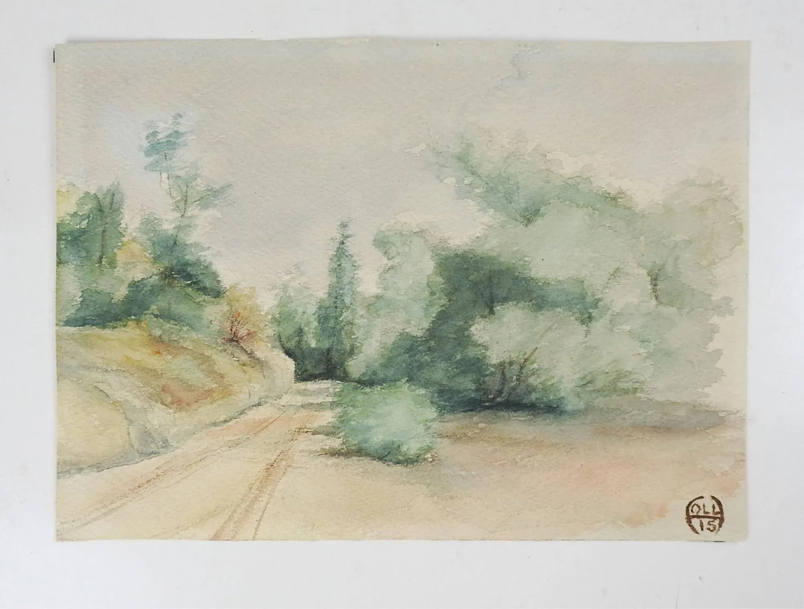 Small Antique 1915 Country Road Landscape Watercolor Painting - 2