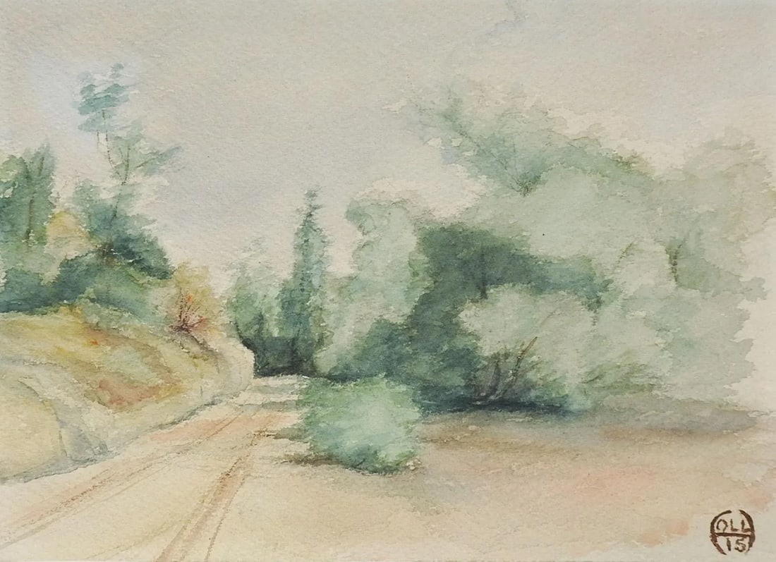 Small Antique 1915 Country Road Landscape Watercolor Painting - 3
