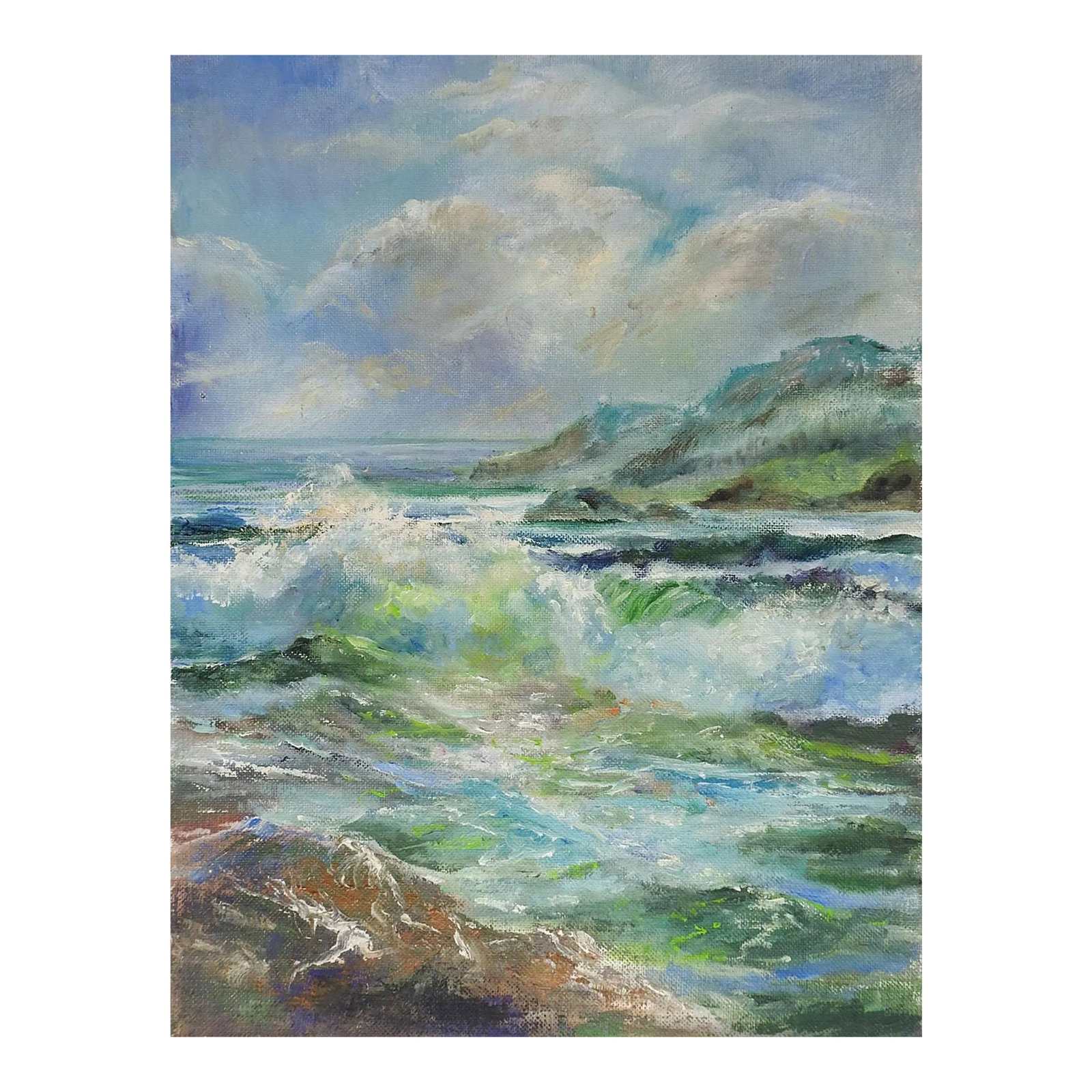 Vintage Coastal Hills Seascape Painting: Vintage oil on canvasboard of coastal hills seascape. Unsigned. Unframed. Condition: Alterations: Original Condition Unaltered Imperfections: Some Imperfections Condition Notes: good condition