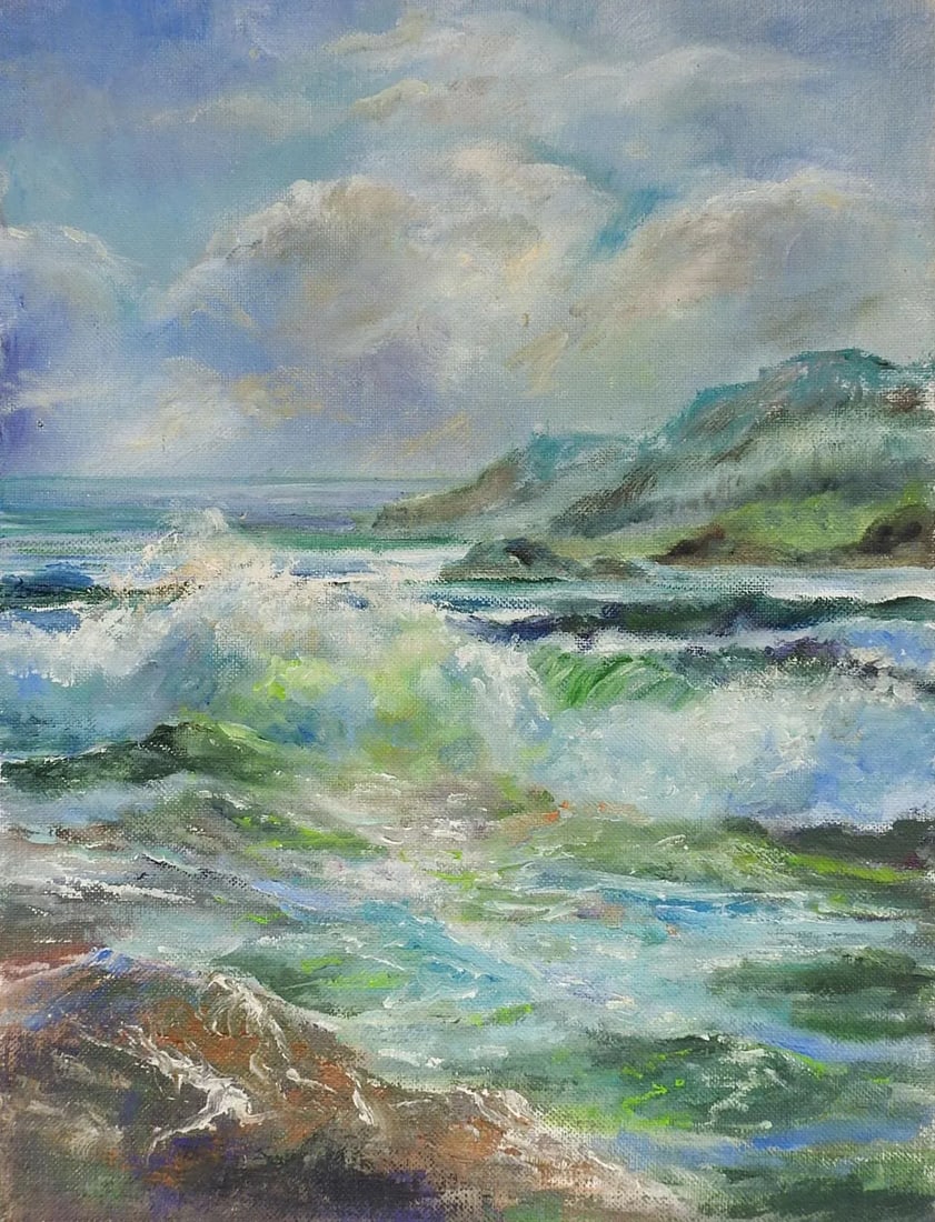 Vintage Coastal Hills Seascape Painting - 3
