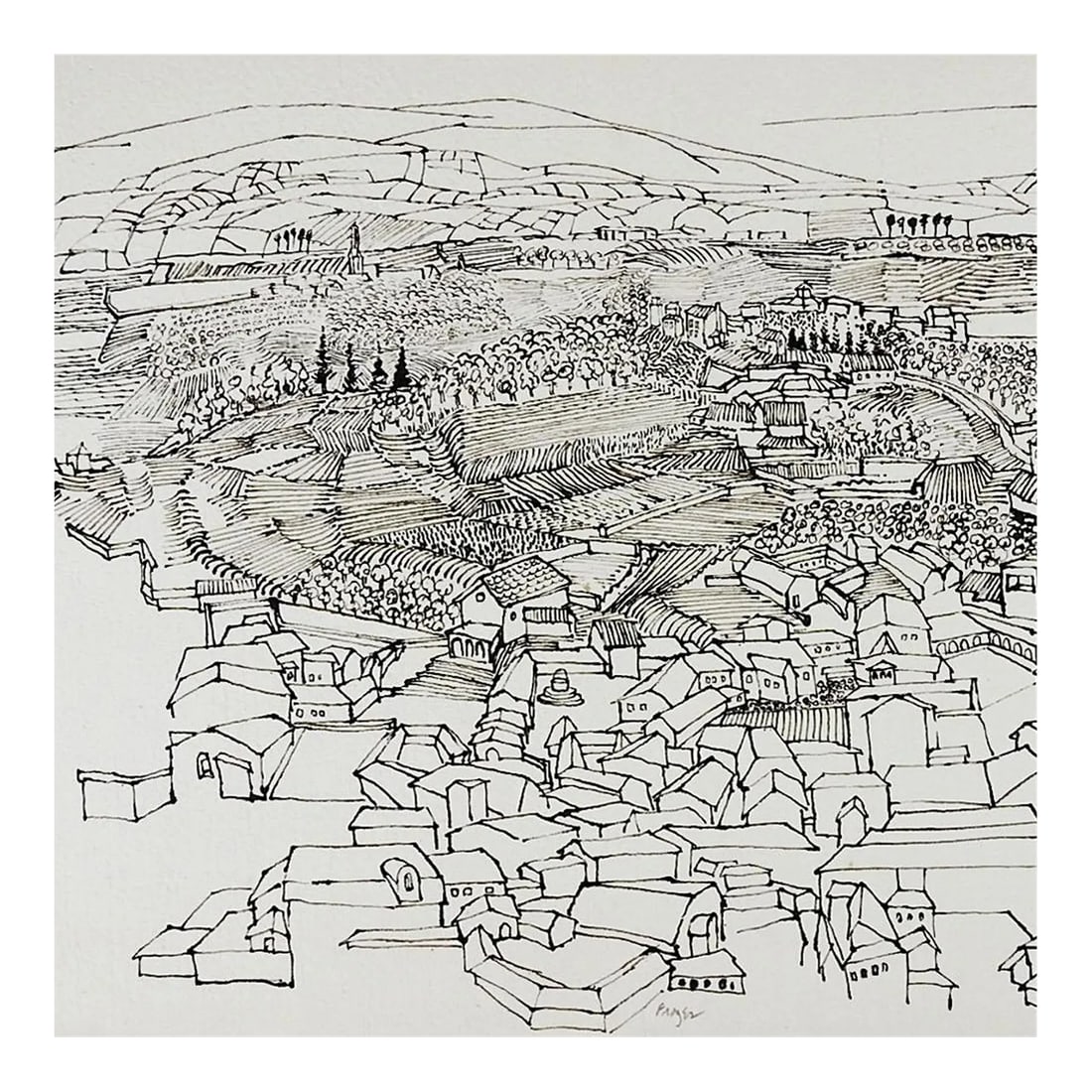 Mid Century Farming Village Pen & Ink Drawing: Vintage mid century pen and ink on paper modernist drawing of farming valley and town. Signed illegibly lower center in pencil. Unframed, mounted on cardboard backing, age toning to backing. Image siz