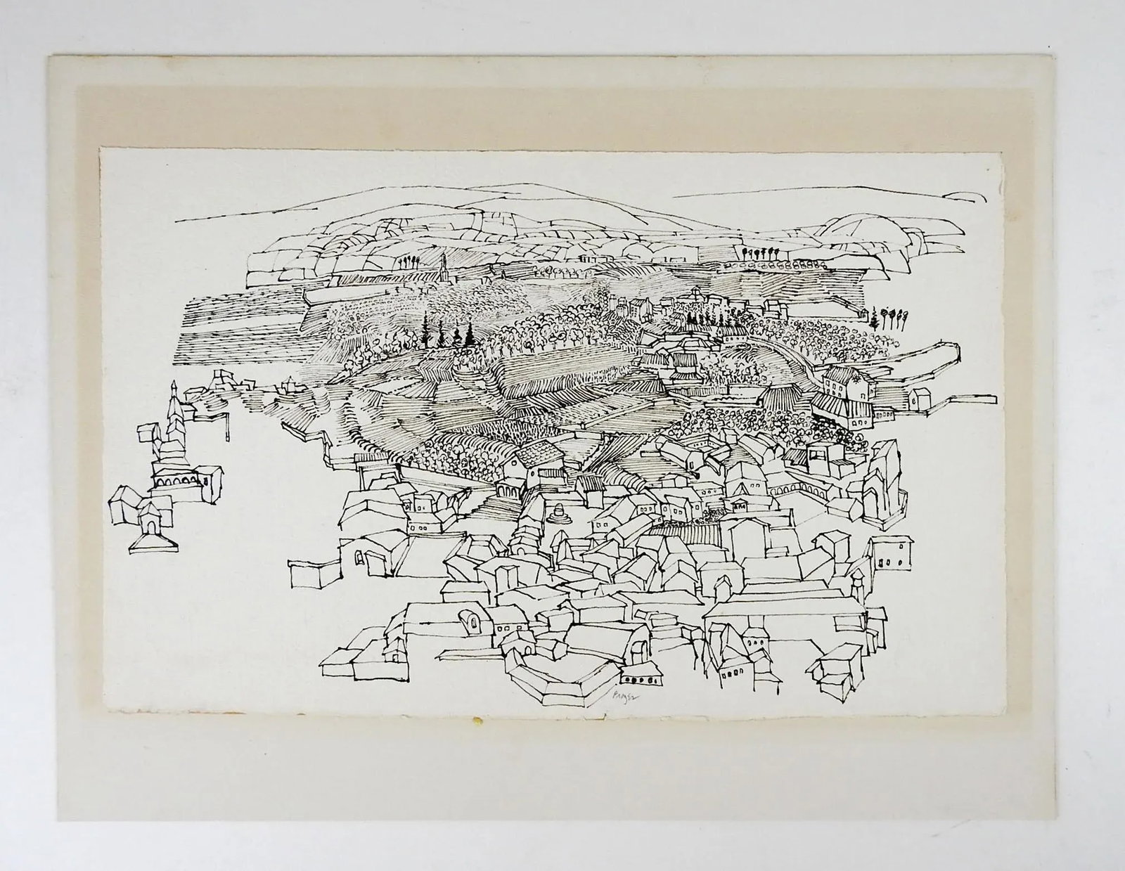 Mid Century Farming Village Pen & Ink Drawing - 3