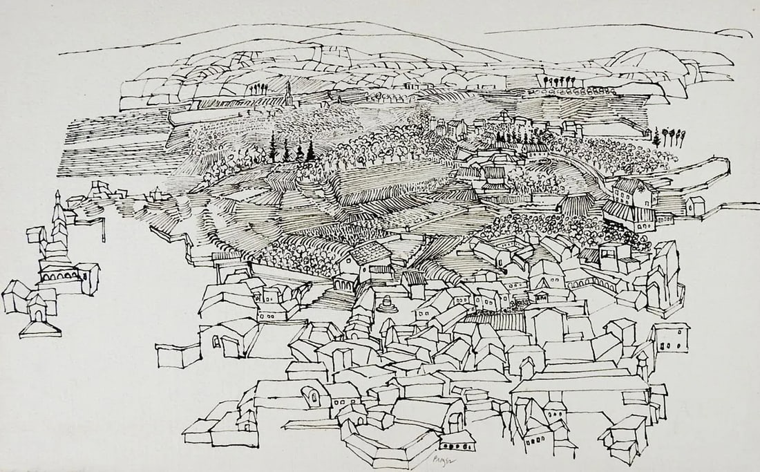 Mid Century Farming Village Pen & Ink Drawing - 4