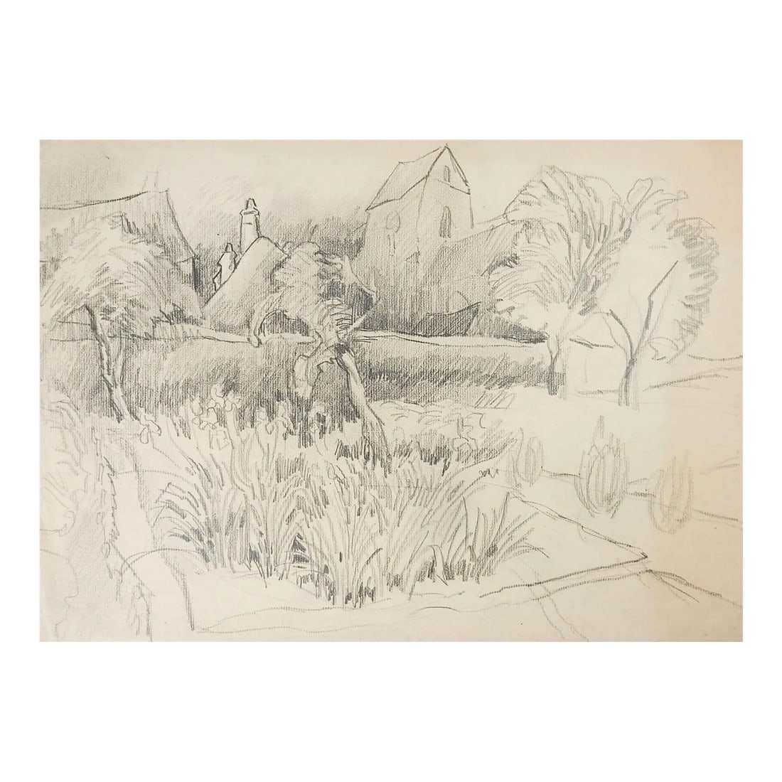 Vintage Rustic Farm Landscape Pencil Study Drawing: Vintage pencil on paper study of rustic farm landscape drawing by George Baer (American 1895-1971). Unframed, age toning, edge wear, corner creasing. From the estate of the artist. Condition: Alterati