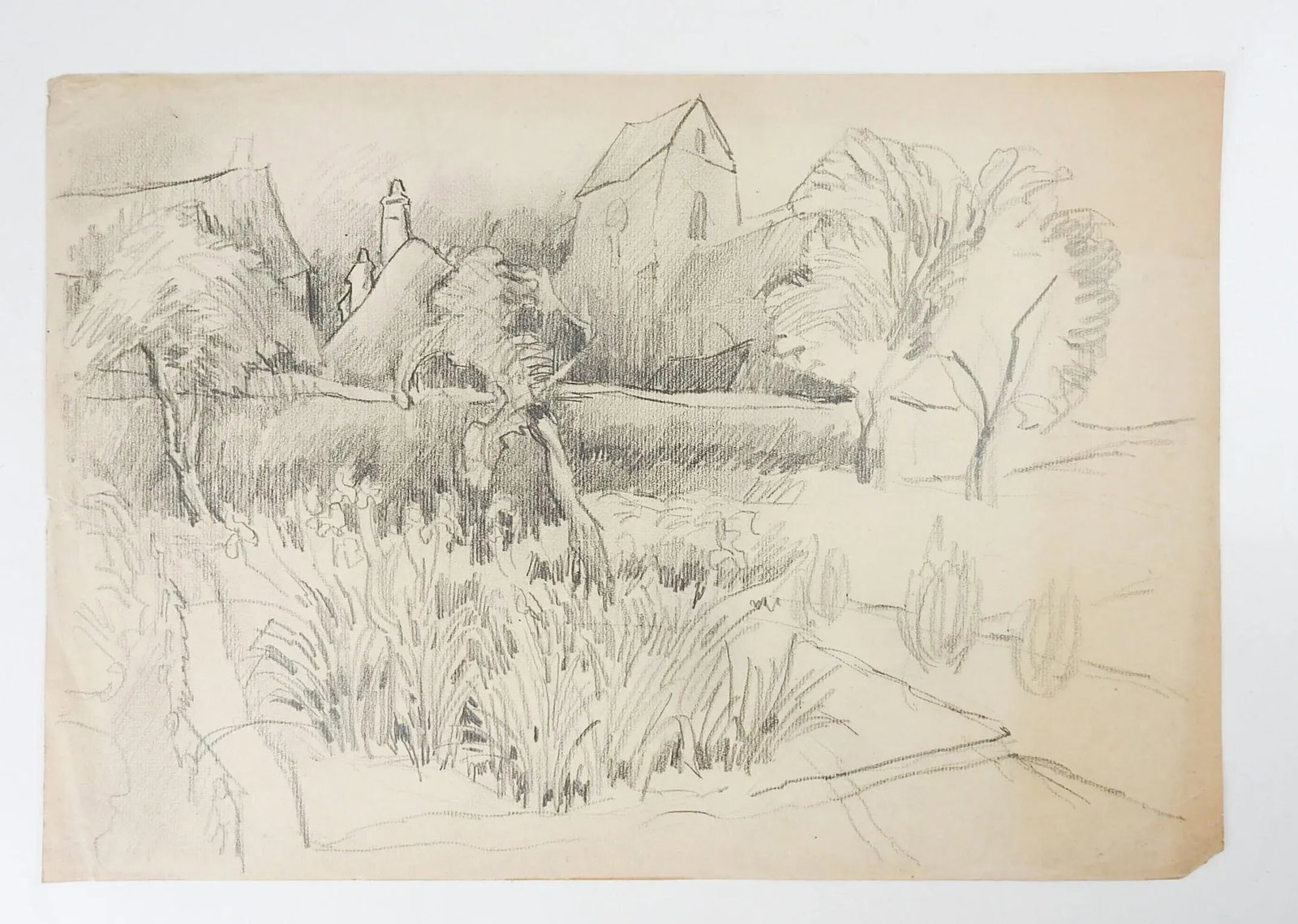 Vintage Rustic Farm Landscape Pencil Study Drawing - 2
