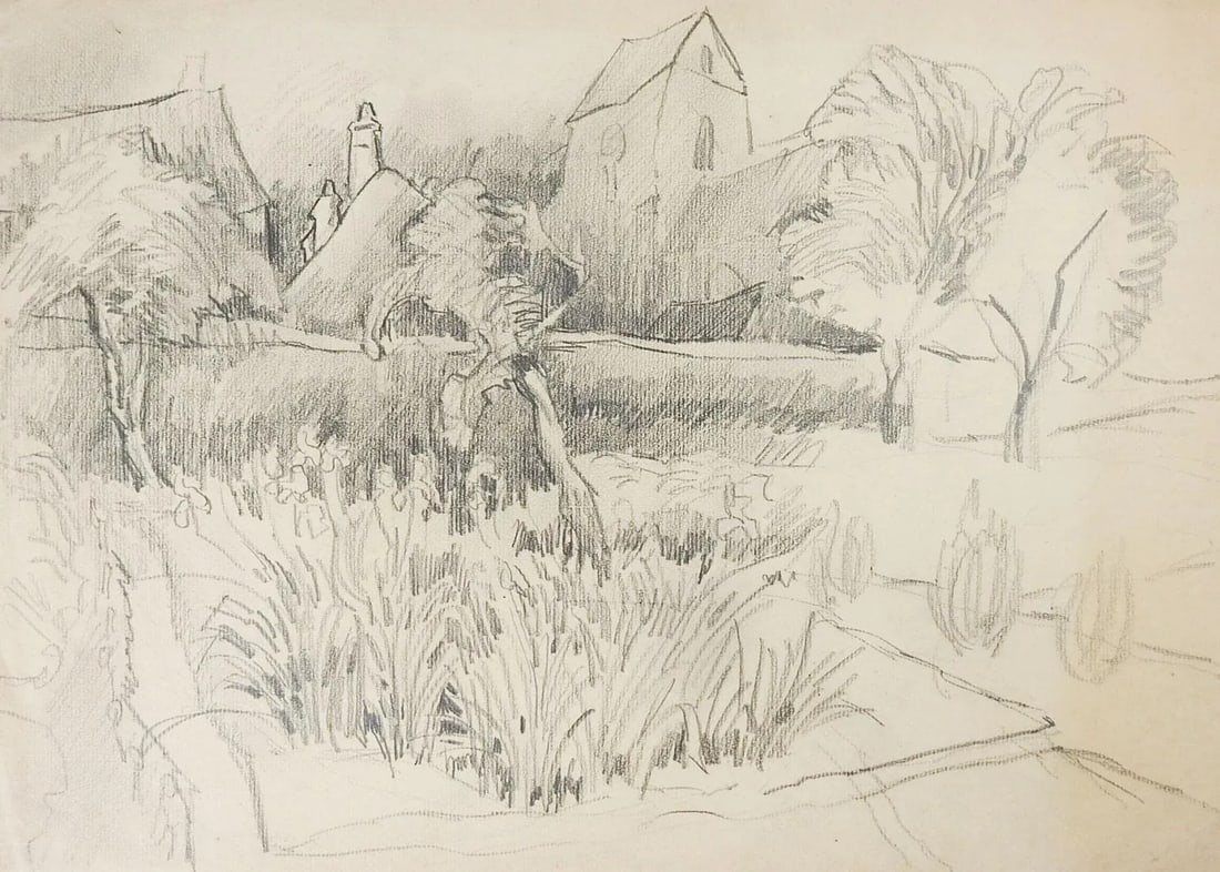 Vintage Rustic Farm Landscape Pencil Study Drawing - 3