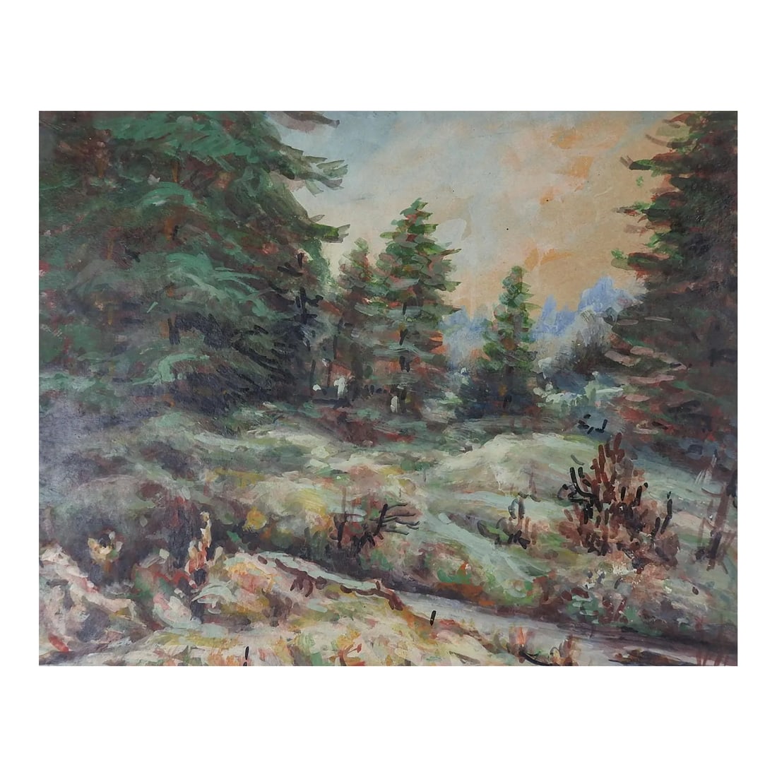 Vintage Mid 20th Century Russian School Forest Landscape Painting: Vintage circa 1948 oil on artist board forest landscape. Note on verso state by E. Orlovsky (1886-1988), titled Russian River. Unframed, edge wear. Condition: Alterations: Original Condition