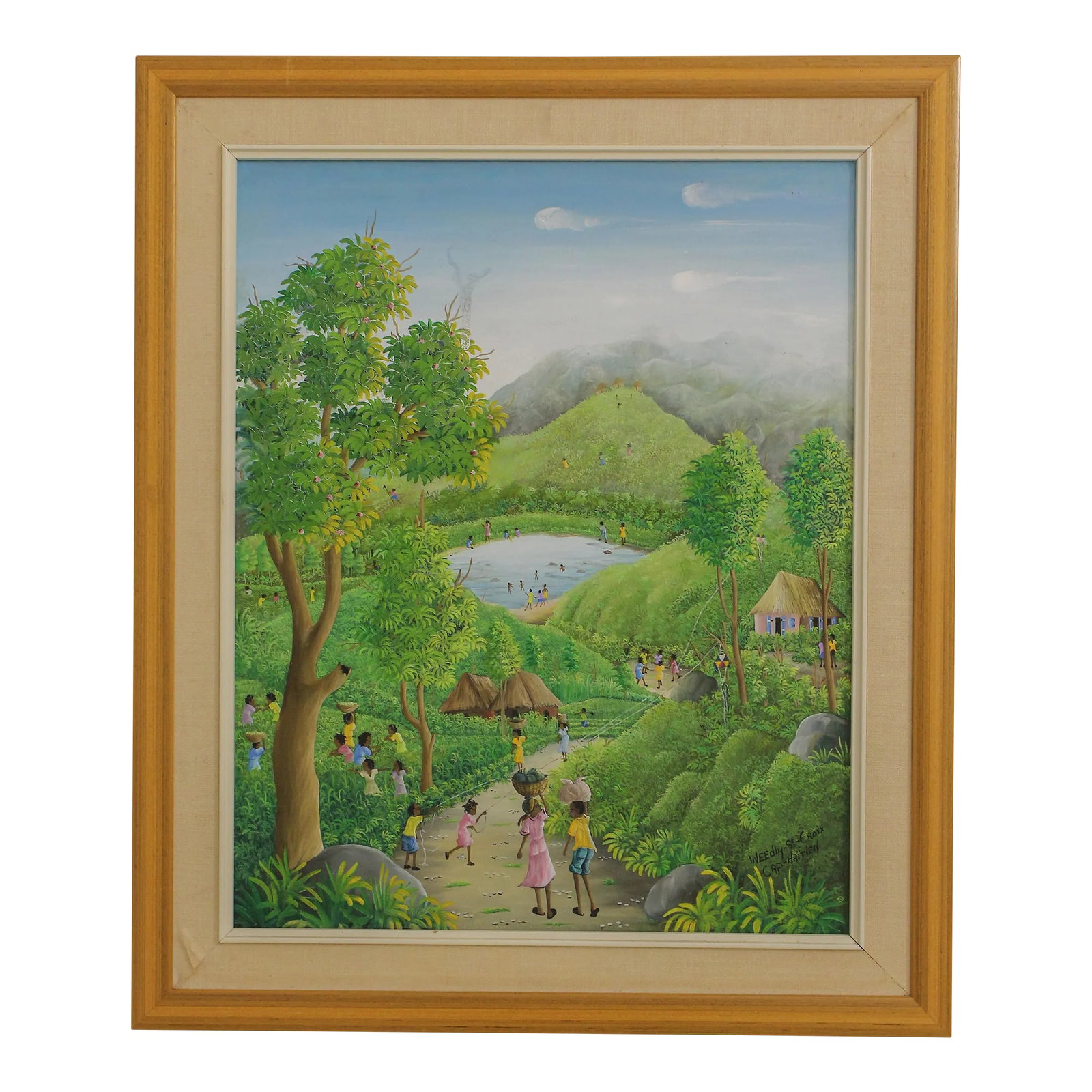 Haitian School St Croix Hand Painted Oil Painting on Canvas: Age: Approx: 40 Years Old Details: Bright & Vibrant Colors Wall Done Details Condition: Some Loose Trim On Frame Size: 21w x 1.5d x 25h Condition: Alterations: Original Condition Unaltered