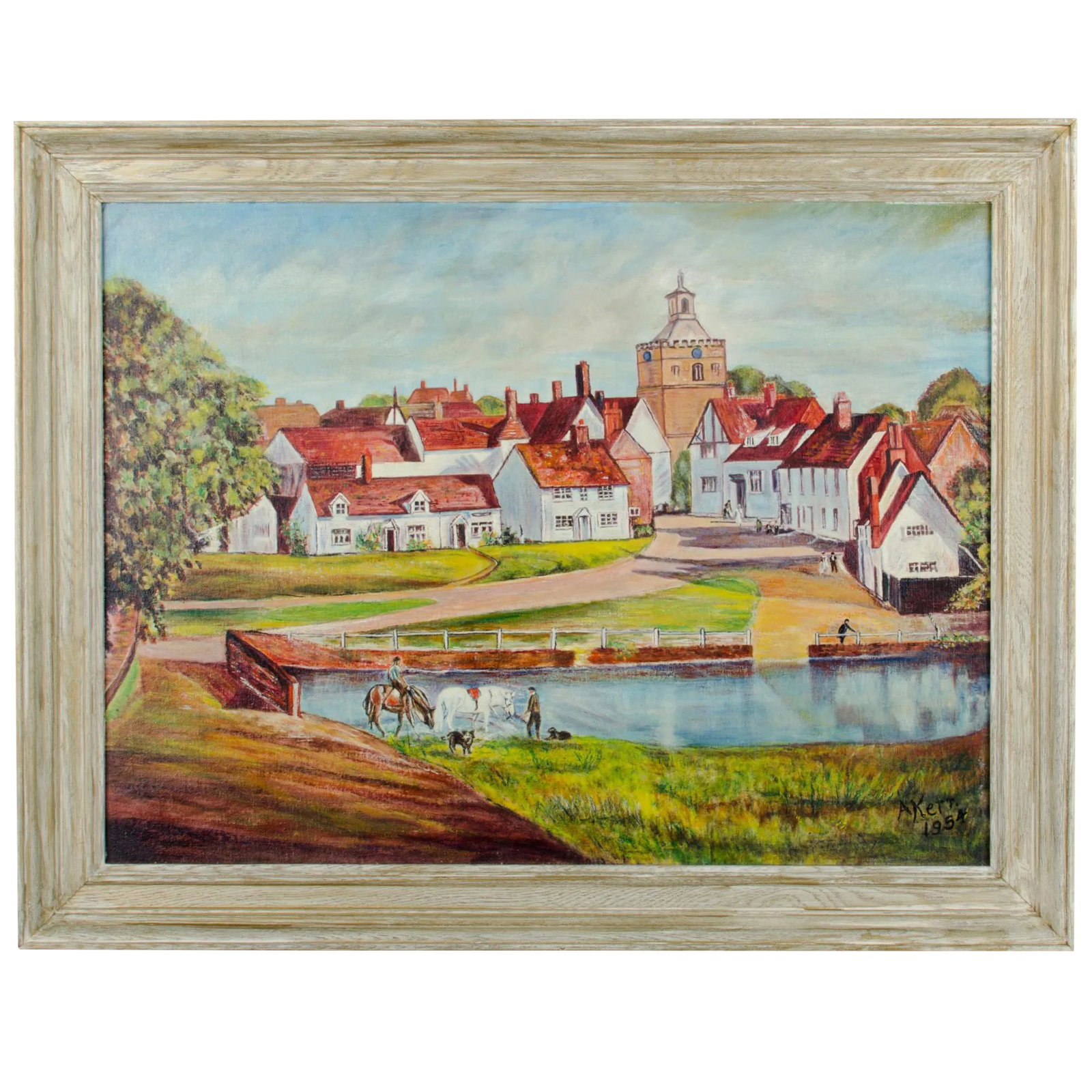 Finchingfield Essex, England Painting: Finchingfield Essex, England by A. Kerr c.1954 Sight 17 1/2 by 23 3/4 inches Frame 21 3/4 x 27 3/4" inches Signed lower right A. Kerr 1954 Offered is an original folk art painting by A. Kerr dated