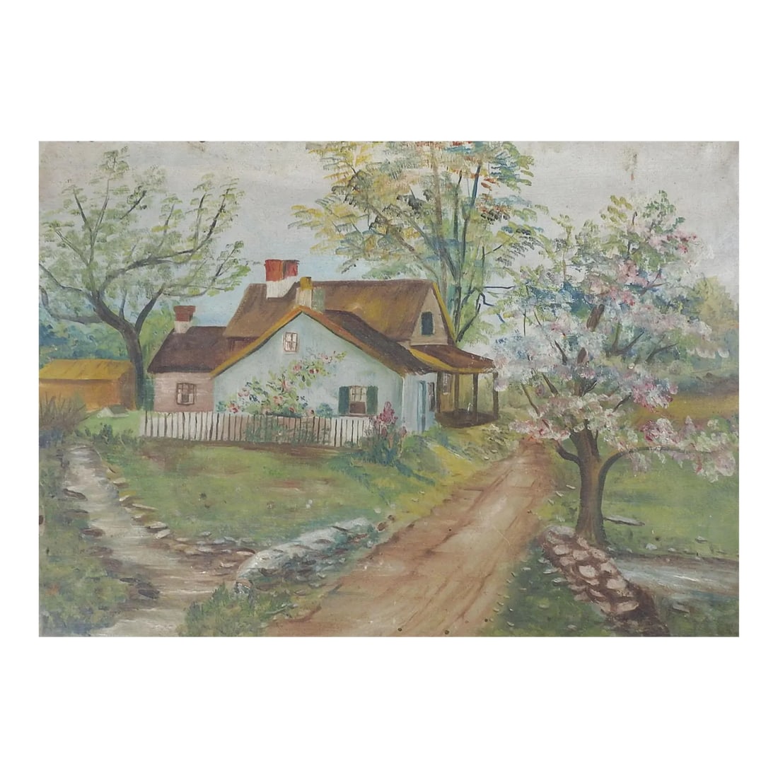 Vintage Rustic Pastoral Cottage Painting: Vintage circa 1930's oil on canvas board painting of cottage and landscape. Unsigned. Unframed, has been attached to board with tiny tacks, age wear. Condition: Alterations: Original Condition Unalter