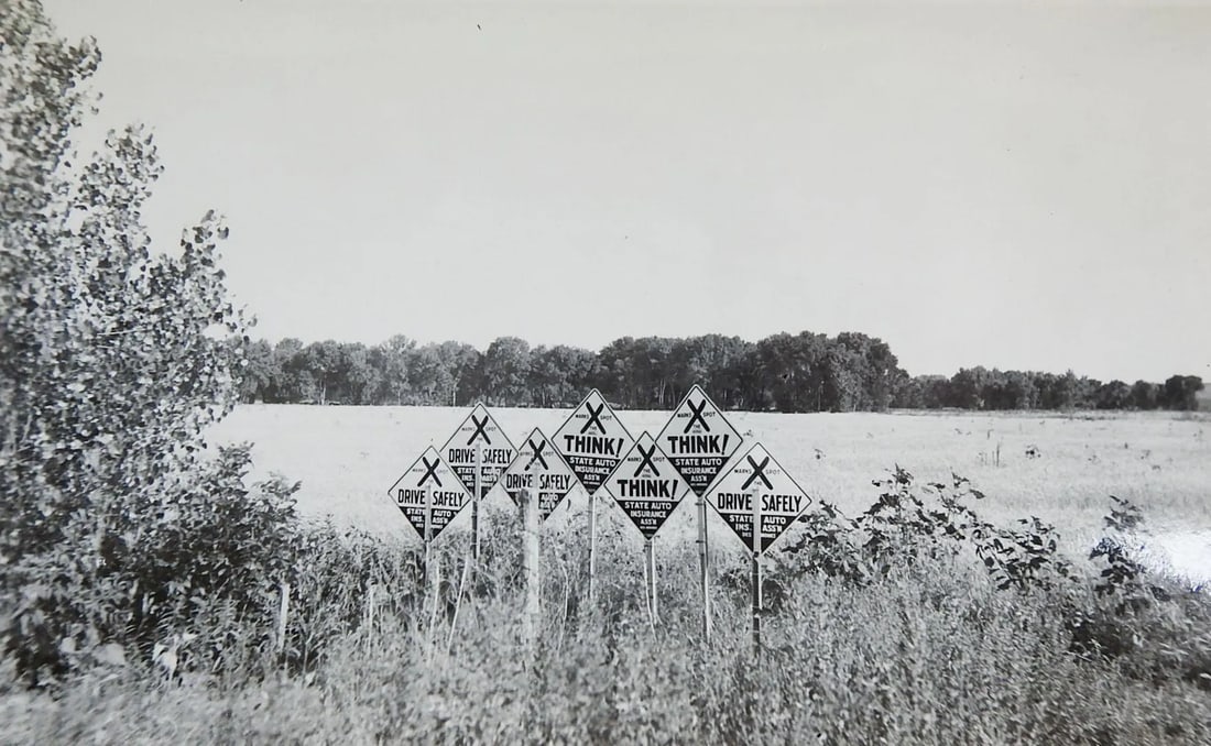 Vintage 1950's Surreal Think Signs Drive Safely Snapshot Photograph: Circa 1950's snapshot photograph of a surreal group of roadside signs. Think, Drive Safely, State Auto Ins. Unframed, good condition. Condition: Alterations: Original Condition Unaltered