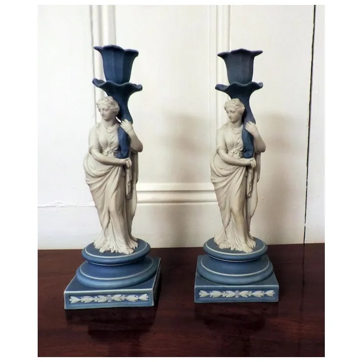 Early 19th Century Wedgwood Classical Jasperware Figural Candlesticks - a Pair - 3