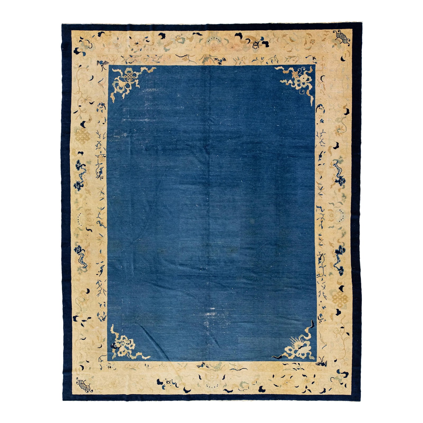 Antique Art Deco Handmade Blue Designed Chinese Wool Rug: Beautiful antique Art Deco hand-knotted wool rug with a blue field. This Chinese rug has a tan frame in a gorgeous all-over Chinese floral design. This rug measures: 9'1" x 11'5". Condition: Alteratio
