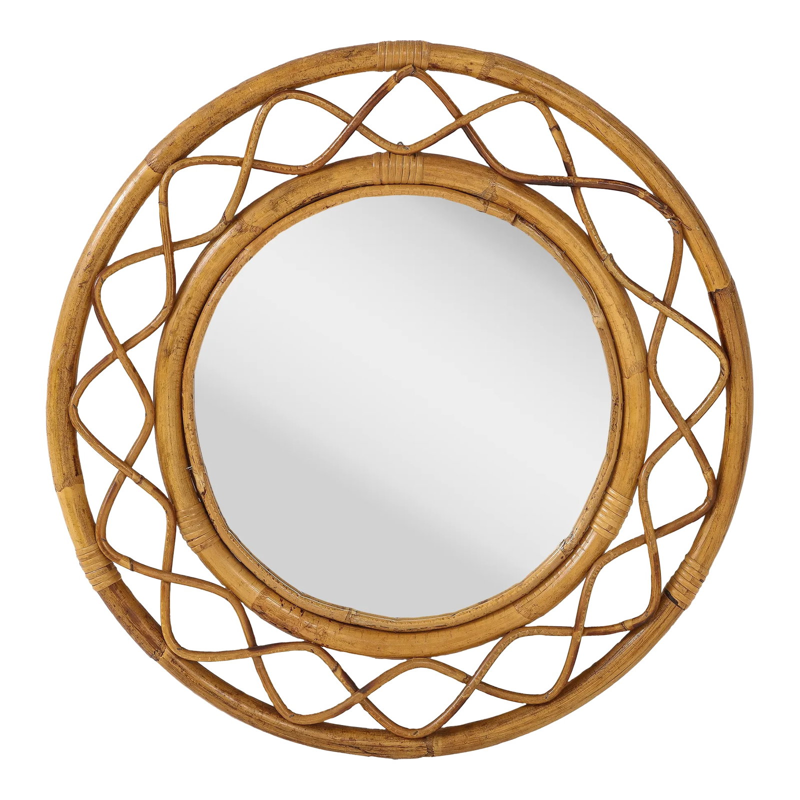 Midcentury French Braided Rattan and Bamboo Round Wall Mirror: Elegantly designed round rattan and bamboo French wall mirror from the 1950's Minor structural damages on frise. Please check pictures. Condition: Alterations: Original Condition Unaltered Imperfectio