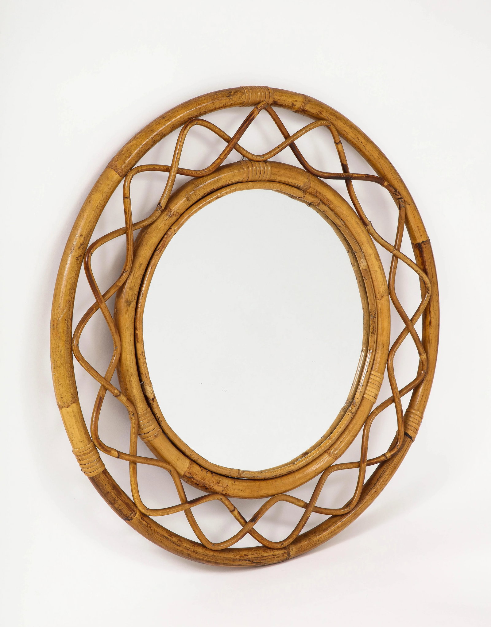 Midcentury French Braided Rattan and Bamboo Round Wall Mirror - 2