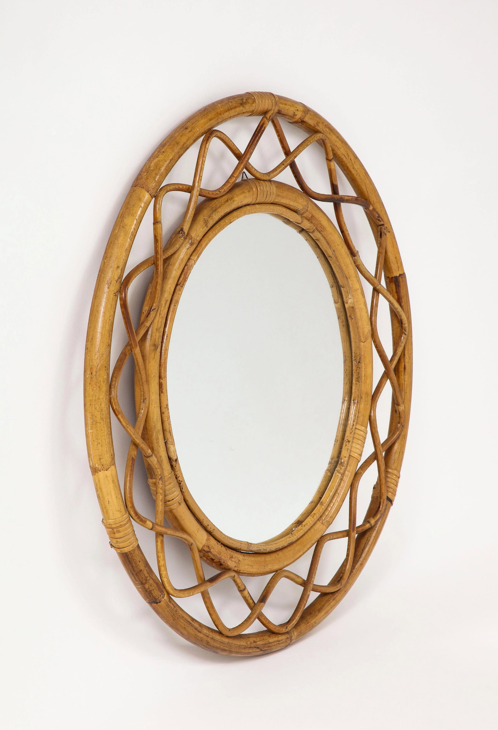 Midcentury French Braided Rattan and Bamboo Round Wall Mirror - 3