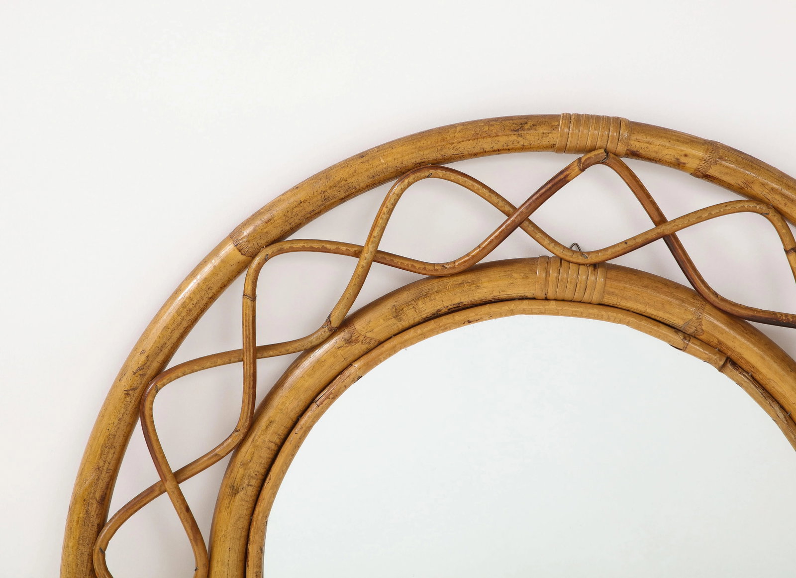 Midcentury French Braided Rattan and Bamboo Round Wall Mirror - 4