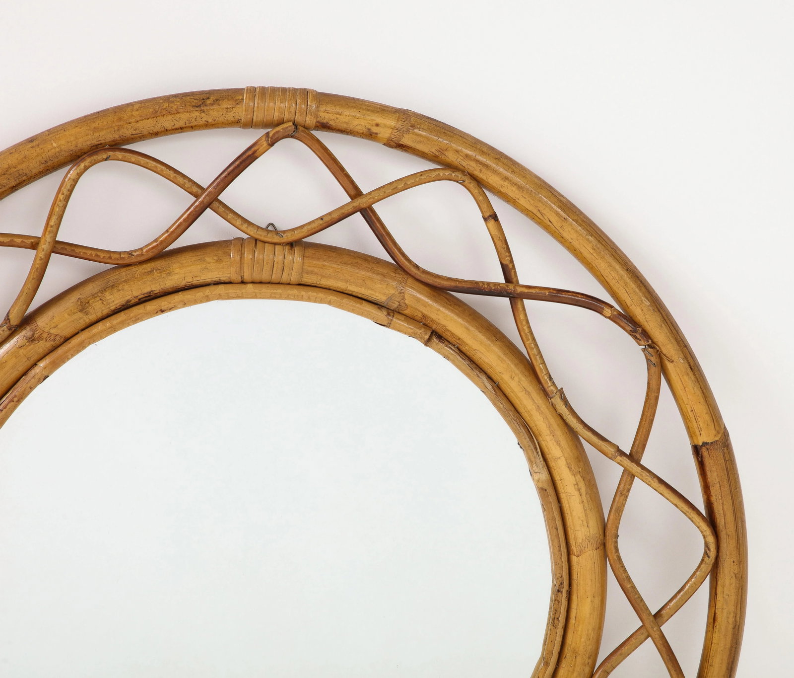 Midcentury French Braided Rattan and Bamboo Round Wall Mirror - 5