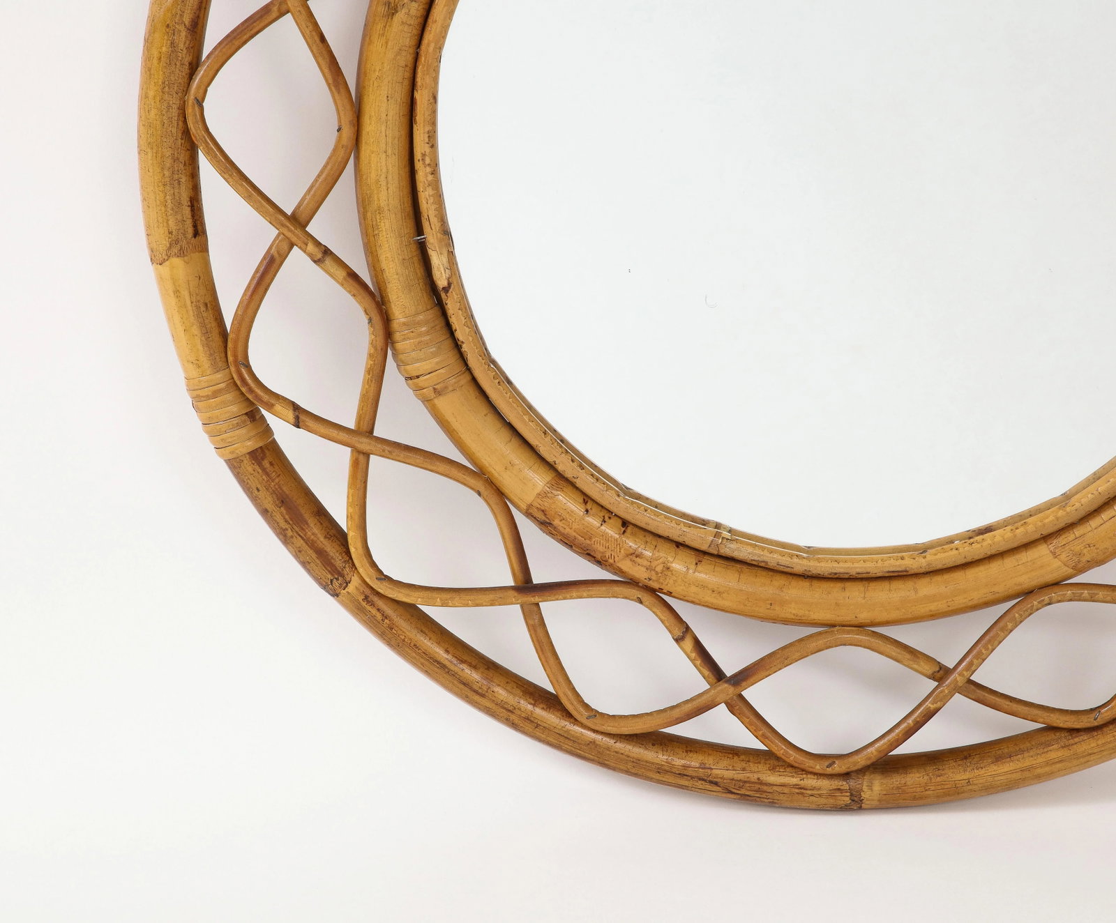 Midcentury French Braided Rattan and Bamboo Round Wall Mirror - 6