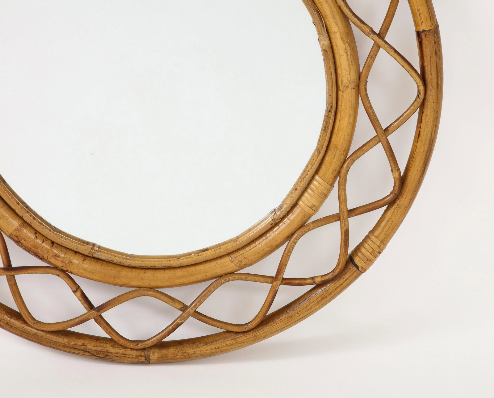 Midcentury French Braided Rattan and Bamboo Round Wall Mirror - 7