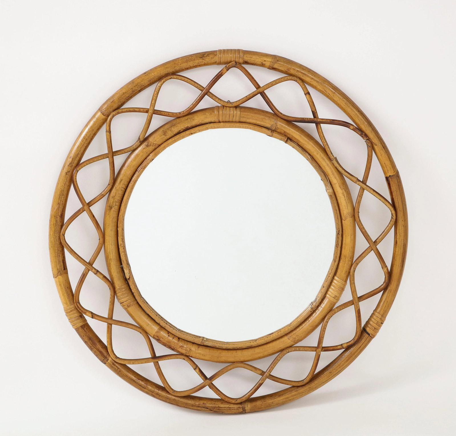 Midcentury French Braided Rattan and Bamboo Round Wall Mirror - 9