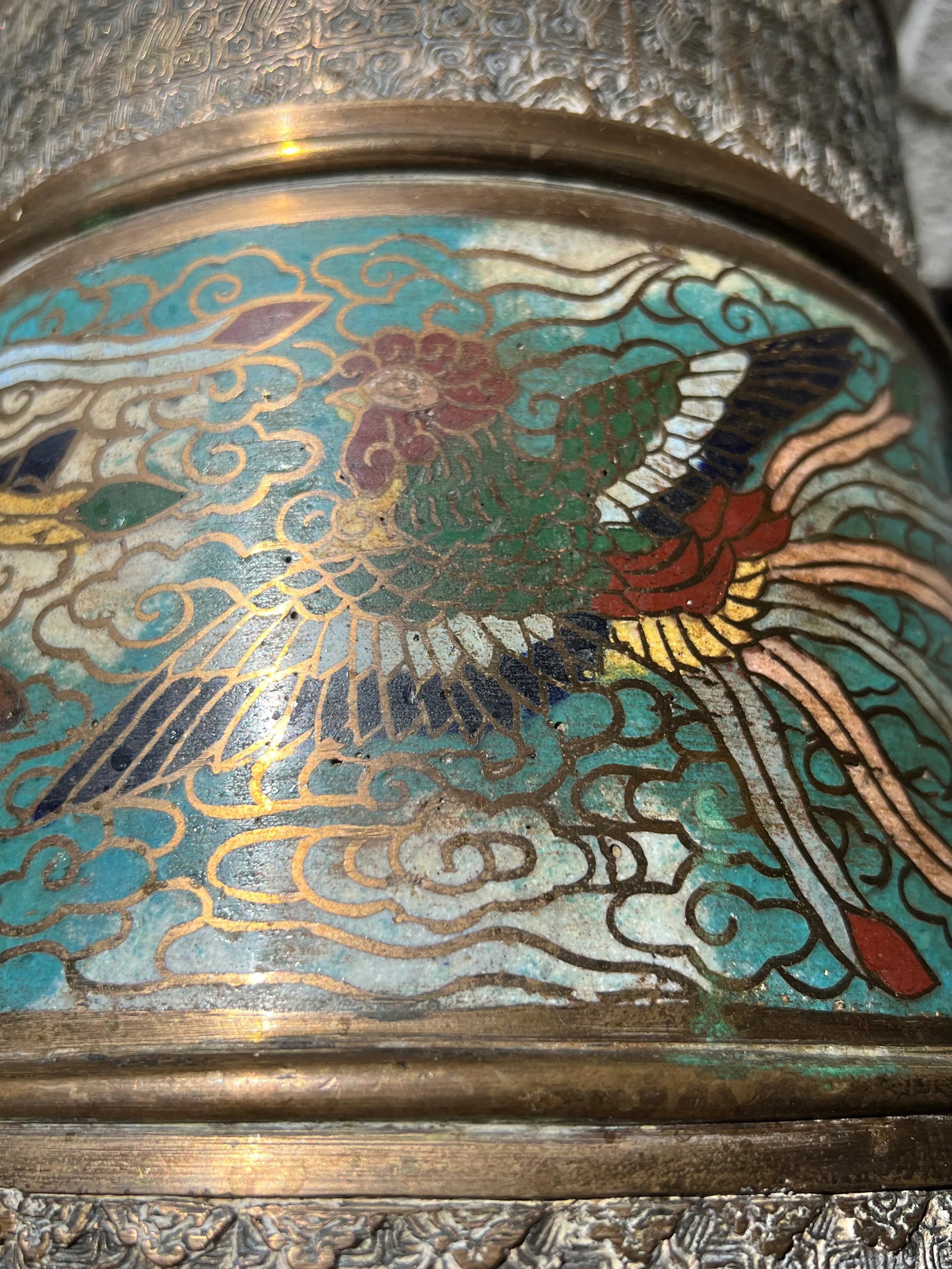 Antique Chinese Bronze & Cloisonne Phoenix Umbrella Stand - 11