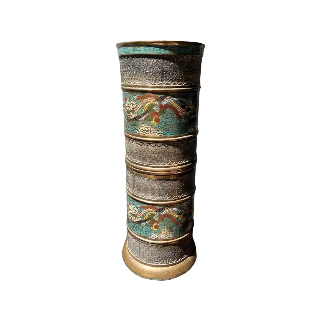 Antique Chinese Bronze & Cloisonne Phoenix Umbrella Stand - 12