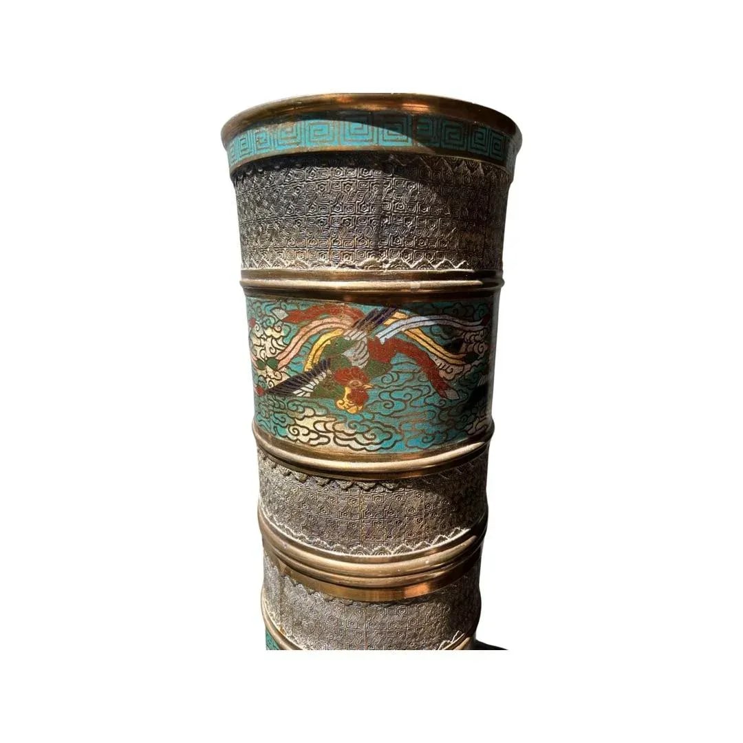 Antique Chinese Bronze & Cloisonne Phoenix Umbrella Stand - 2