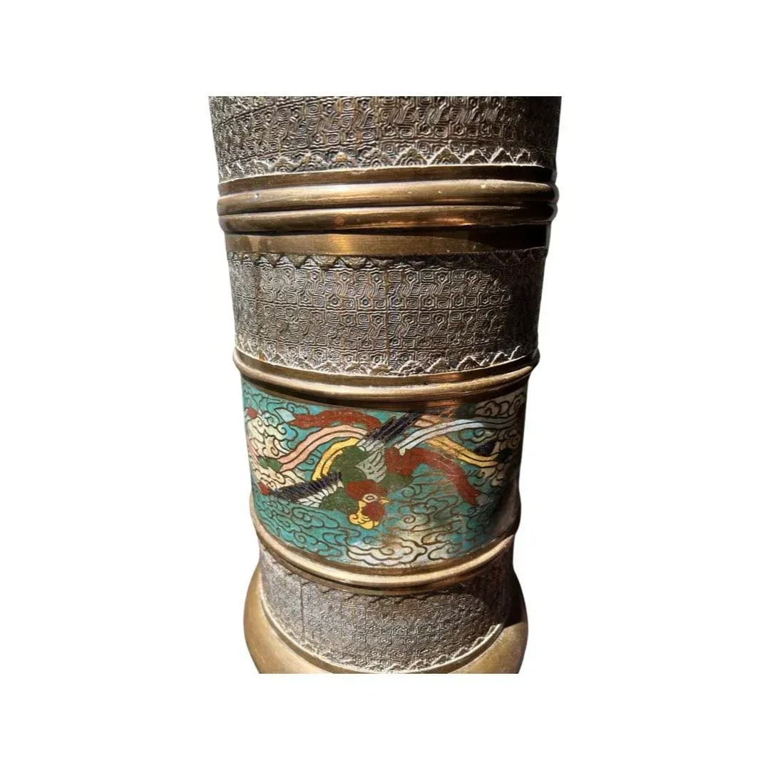 Antique Chinese Bronze & Cloisonne Phoenix Umbrella Stand - 4